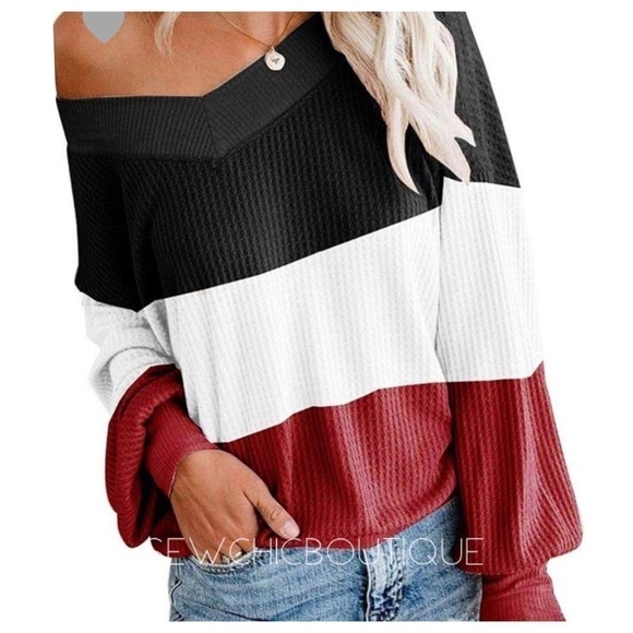 V-neck Color Block Thermal Blk & Red S-XL - Picture 1 of 5